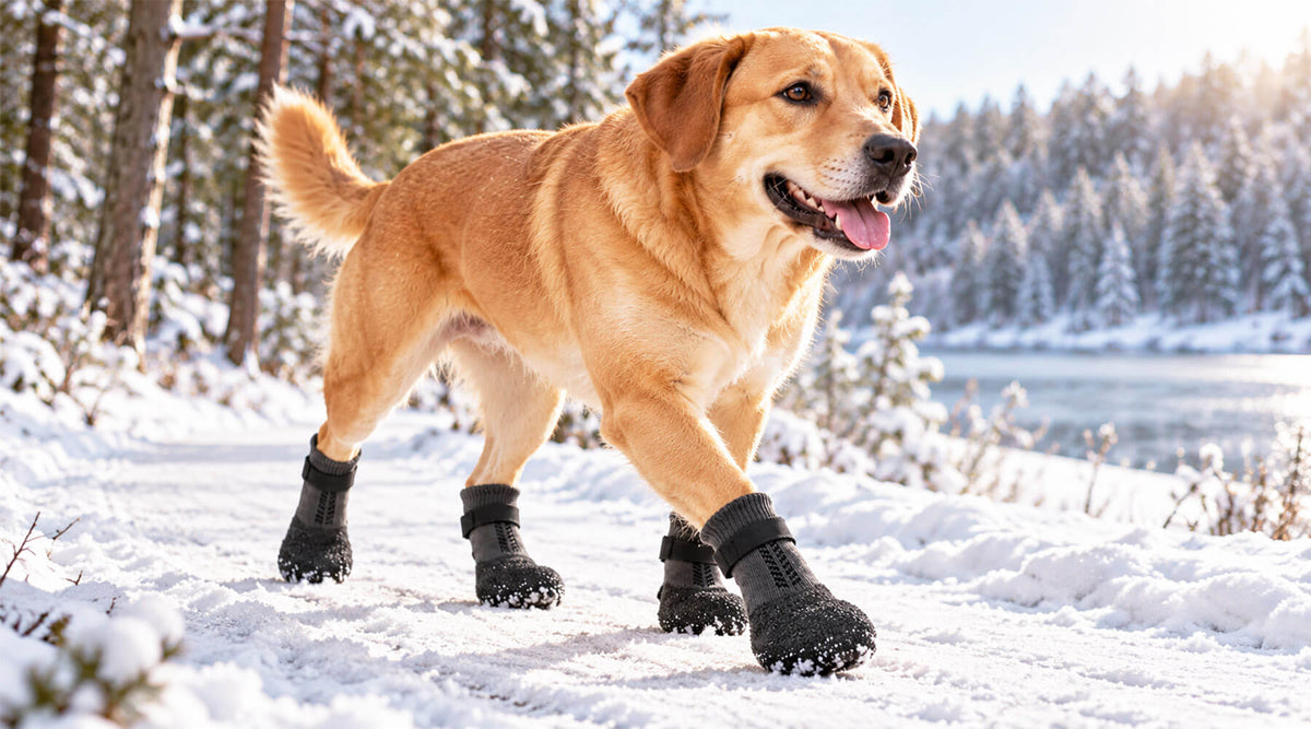 Großer Labrador mit schwarzen Hundeschuhen läuft durch den Schnee