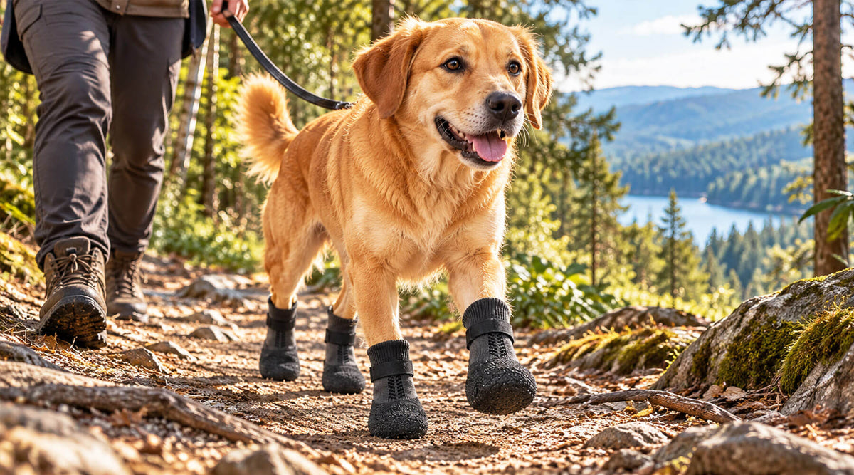 Hund läuft mit schwarzen Hundeschuhen an der Leine über einen steinigen Waldweg oberhalb eines Bergsees