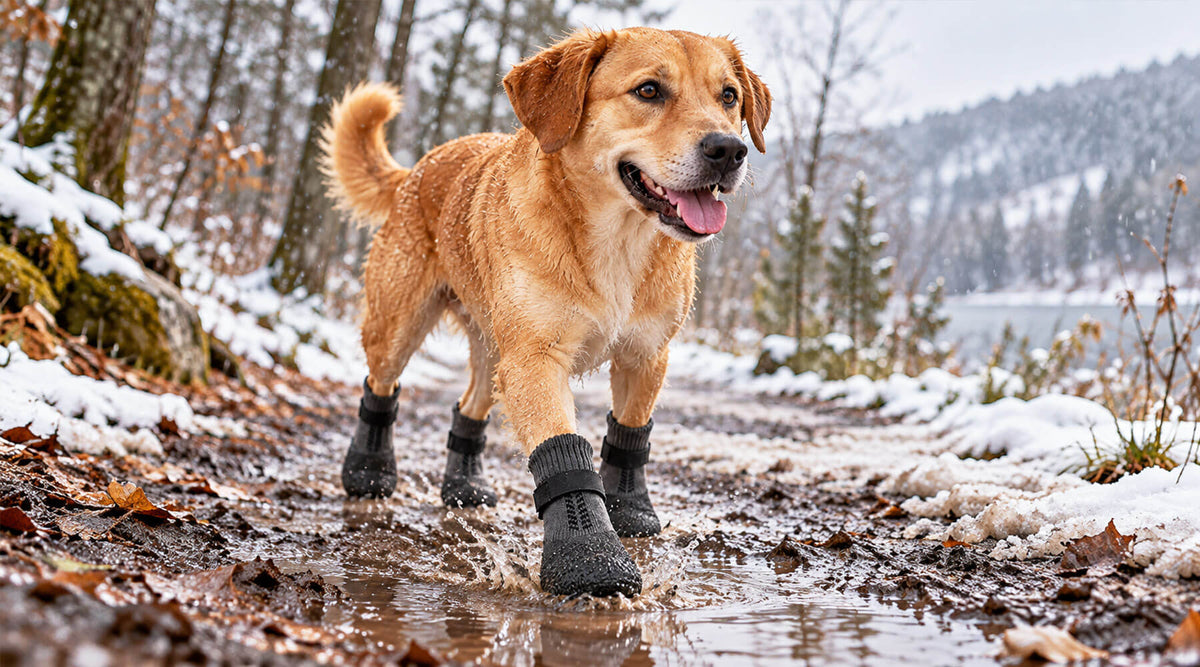 Hund läuft mit schwarzen Hundeschuhen durch eine Pfütze auf einem matschigen Weg mit Schneeresten