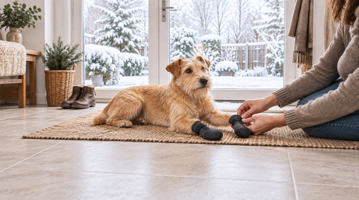 Hundeschuhe im Winter anziehen: Halterin zieht einem Terrier Pfotenschutz an, draußen liegt Schnee