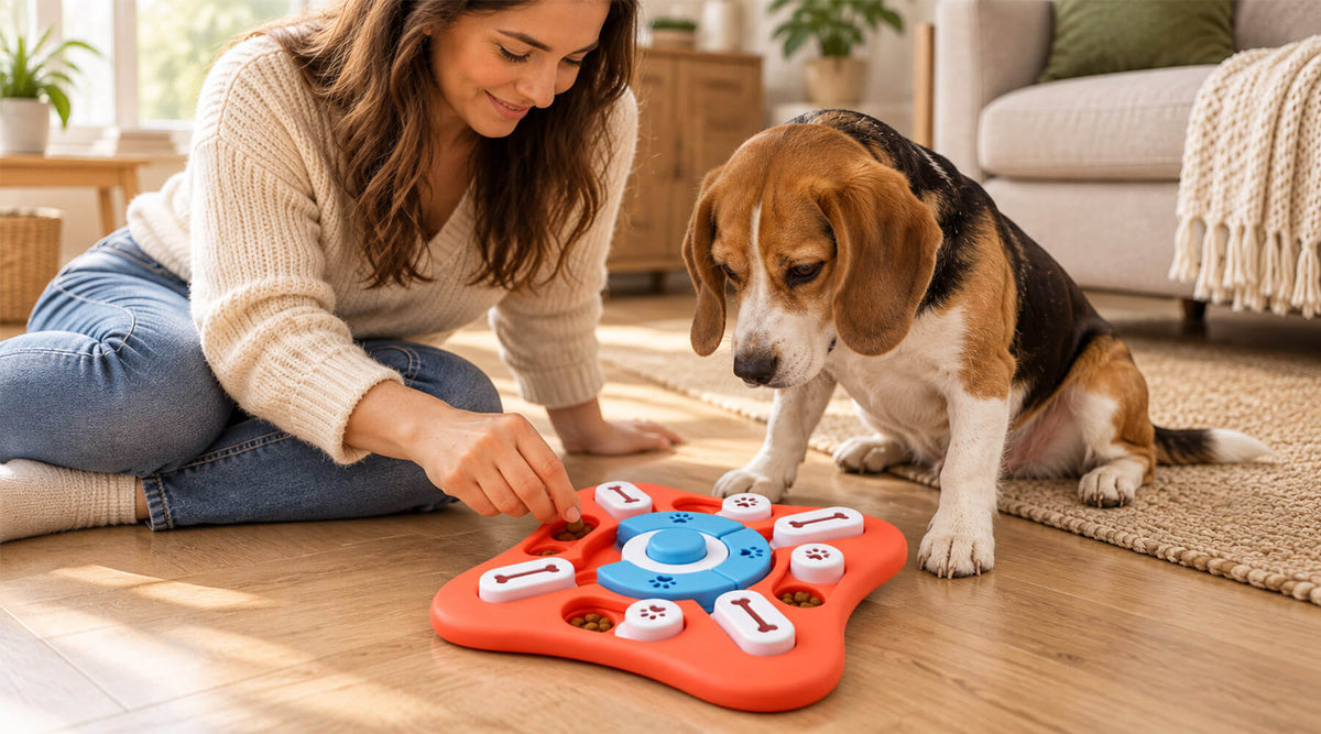 Beagle schaut zu, wie seine Halterin Leckerlis in den Fächern eines Intelligenzspielzeugs versteckt
