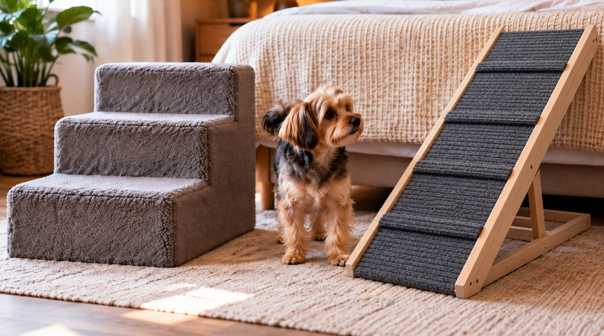 Kleiner Hund steht am Bett zwischen einer Hundetreppe aus Stoff und der Hunderampe aus Holz mit rutschfestem Filzbelag