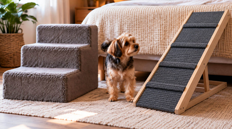 Kleiner Hund steht am Bett zwischen einer Hundetreppe aus Stoff und der Hunderampe aus Holz mit rutschfestem Filzbelag