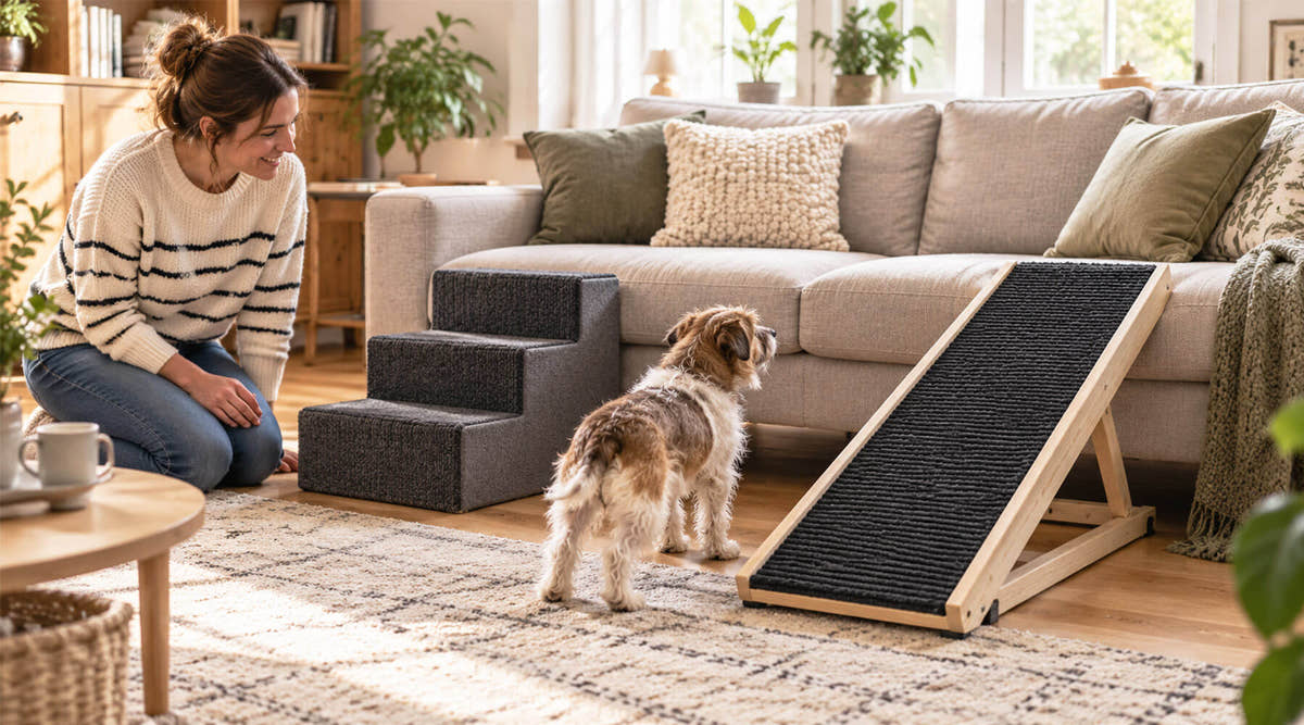 Hund im Wohnzimmer zwischen einer Hundetreppe und einer Hunderampe aus Holz am Sofa