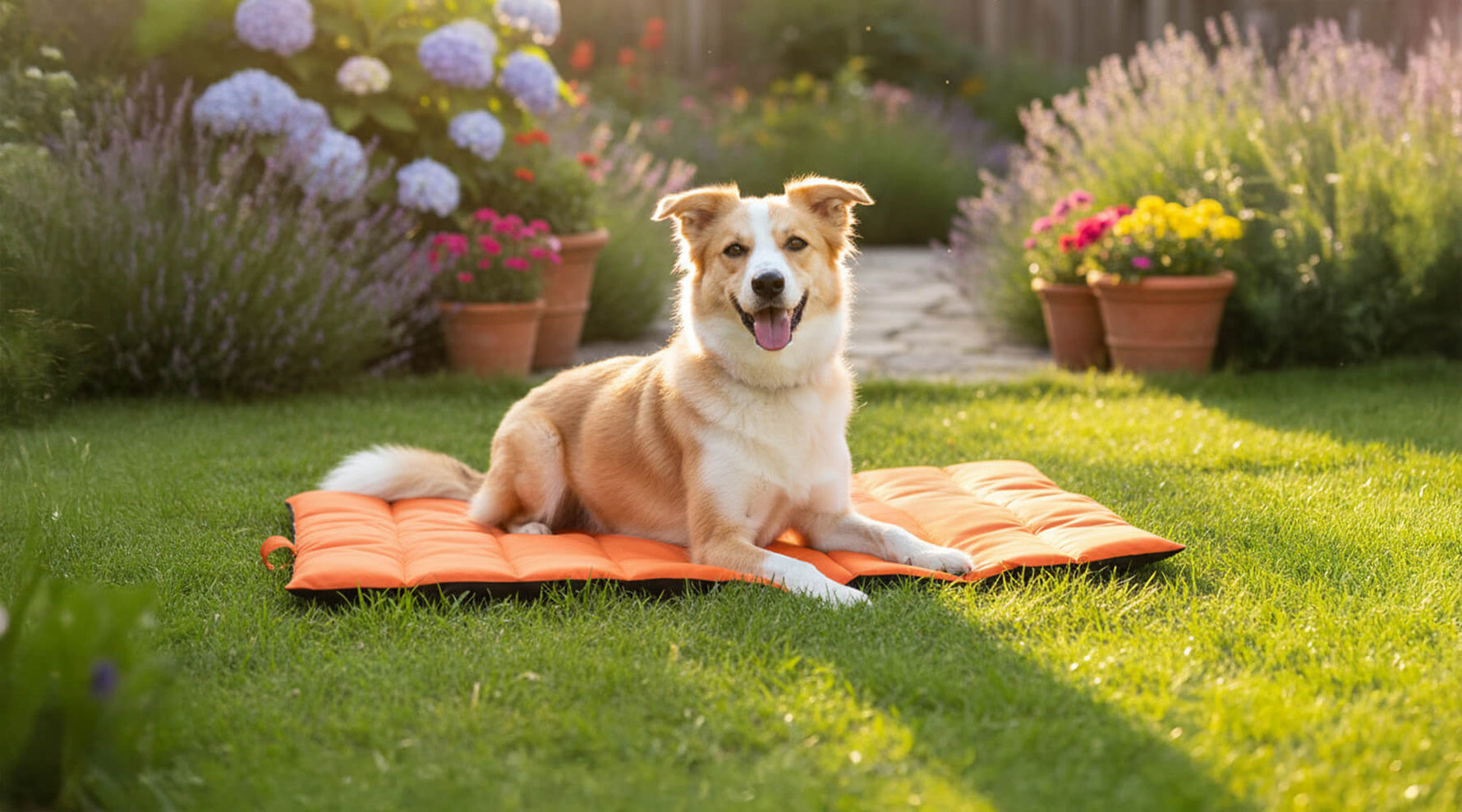 Ein hellbrauner Hund liegt entspannt auf einer hellgrauen, gepolsterten faltbaren Hundematte auf einer Holzterrasse im Garten – ideal als wasserfestes Outdoor Hundebett für den Sommer