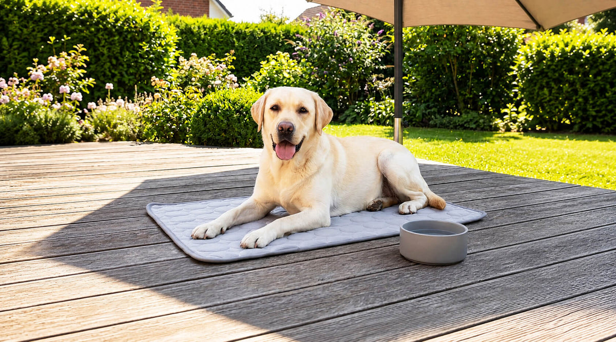 Labrador entspannt auf Kühlmatte Hund Sommer im Garten mit Wassernapf für heiße Tage