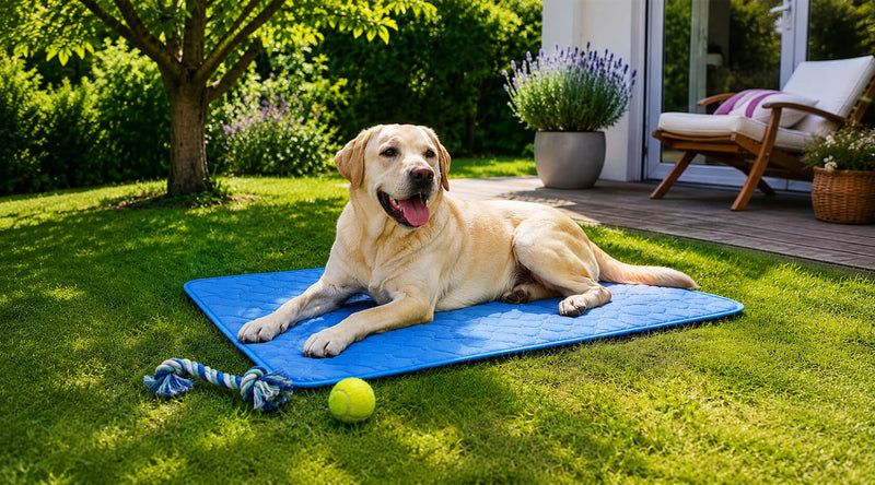 Hund liegt entspannt im Garten auf einer Kühldecke ohne Gel für Haustiere an warmen Tagen