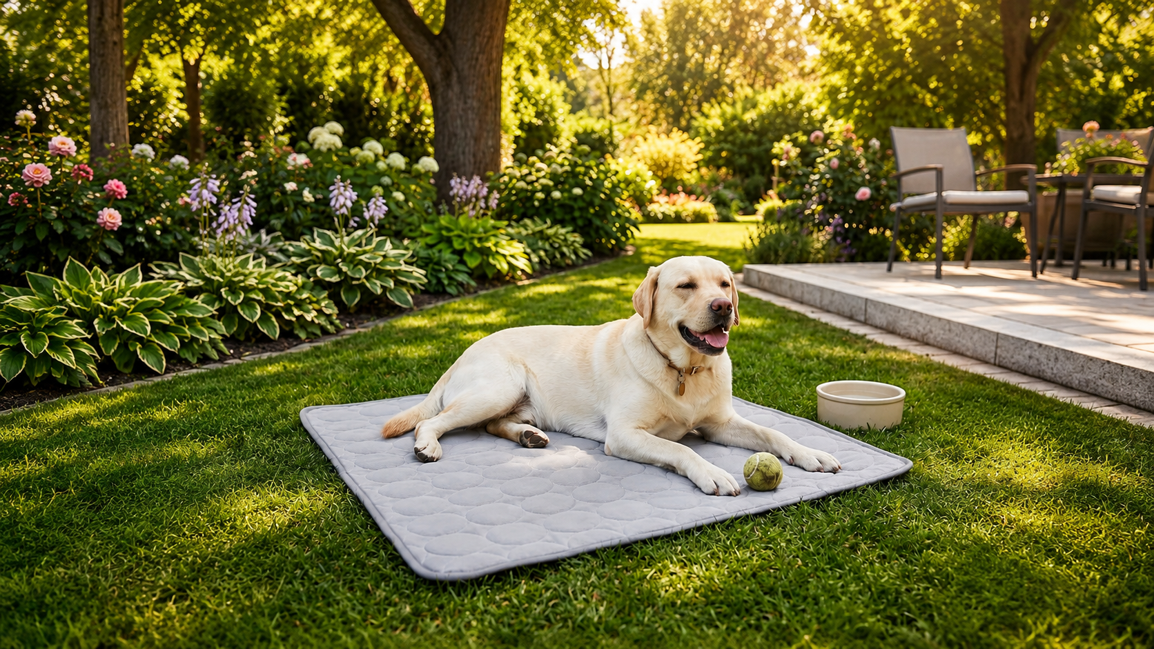 Labrador entspannt sich an einem Sommertag auf einer selbstkühlenden Hundematte im Garten
