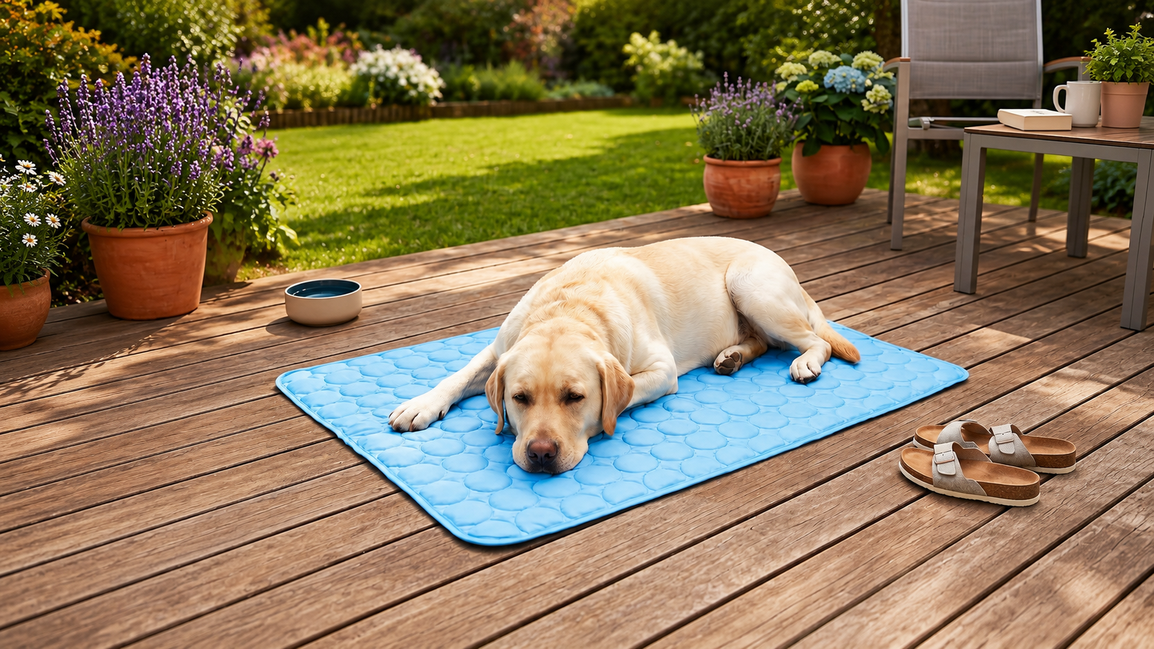 Labrador entspannt auf Kühlmatte für Hunde auf Terrasse im Sommergarten für angenehme Abkühlung