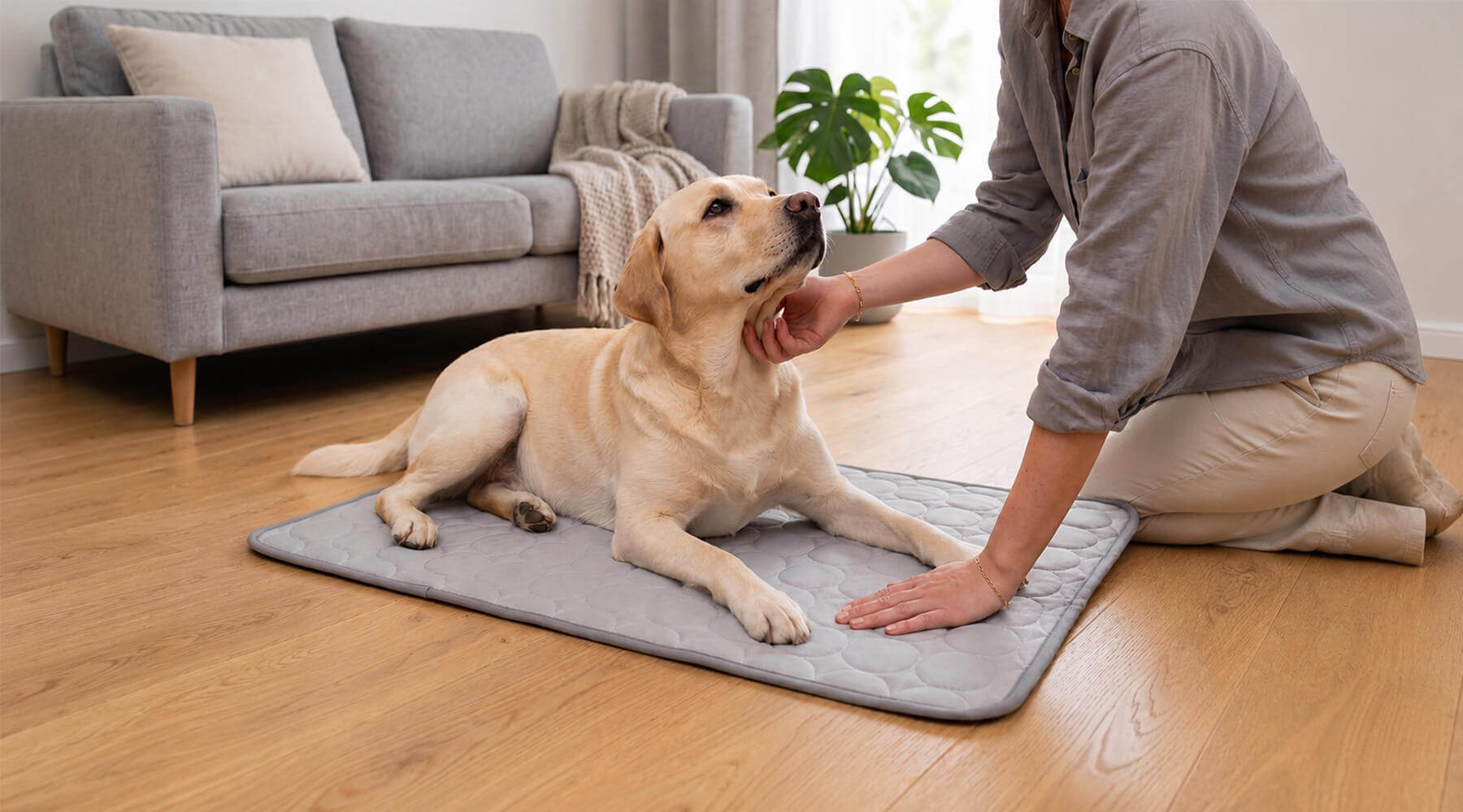 Labrador liegt auf einer grauen selbstkühlenden Hundematte im Wohnzimmer, während die passende Größe geprüft wird.