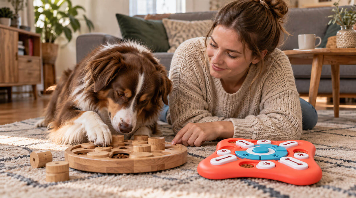 Australian Shepherd spielt mit einem Intelligenzspielzeug aus Holz, daneben liegt ein Denkspiel aus Kunststoff zum Vergleich