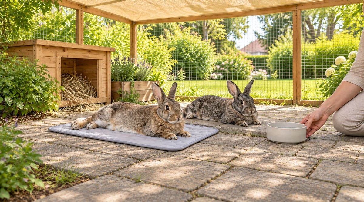 Zwei Kaninchen ruhen im Außengehege im Schatten eines Sonnensegels, eines auf einer Kühlmatte, daneben ein Wassernapf