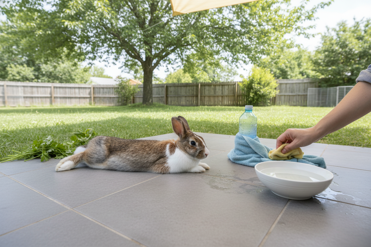 Kaninchen bei Hitze kühlen mit feuchtem Tuch, Wasser und schattigem Platz im Garten