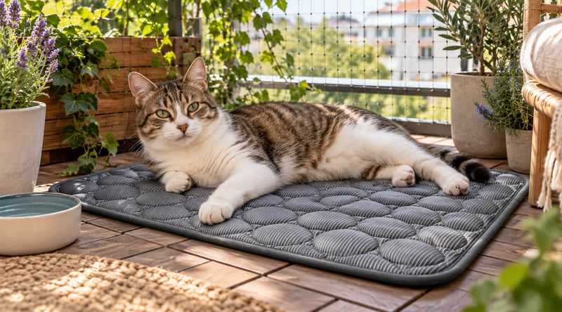 Getigert-weiße Katze liegt an einem heißen Tag auf einer grauen Kühlmatte auf dem Balkon mit Katzennetz, daneben eine Wasserschale