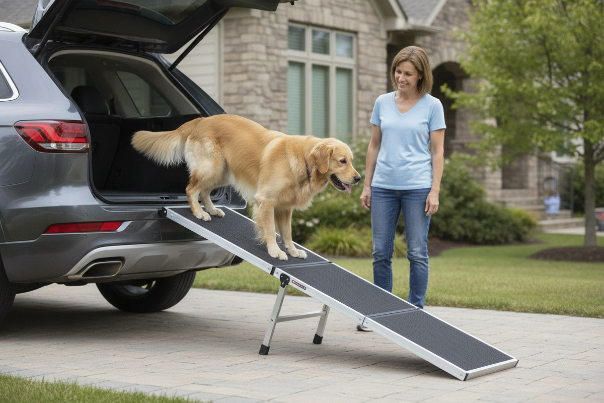 Golden Retriever nutzt eine klappbare Hunderampe Auto für sicheres Einsteigen, ideal für Hundehalter