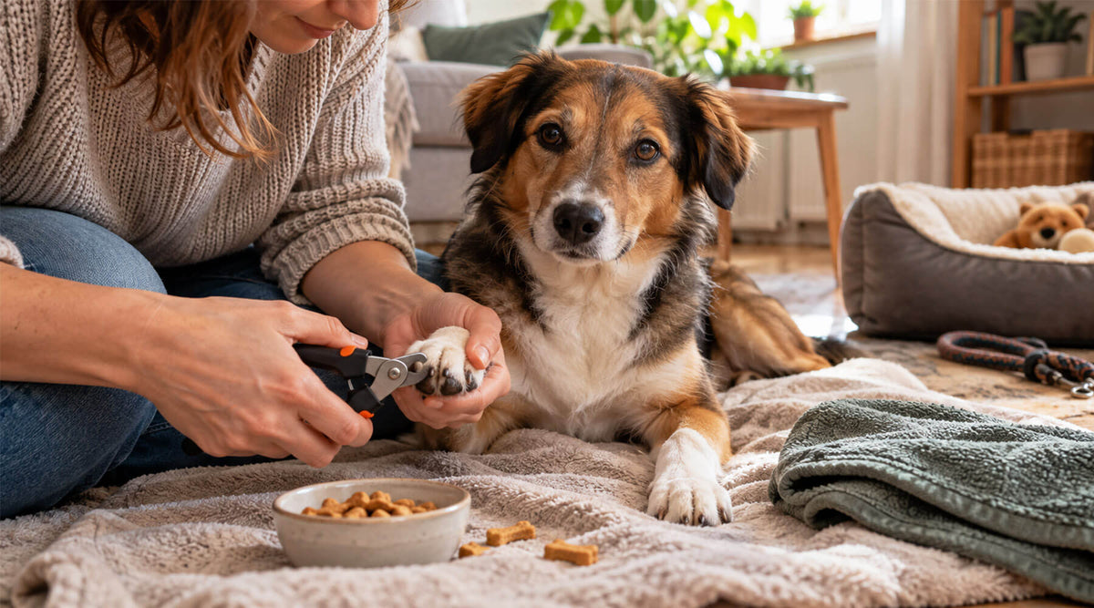 Halterin schneidet ihrem ruhig liegenden Hund mit einer Krallenschere die Krallen, daneben eine Schale mit Leckerlis als Belohnung