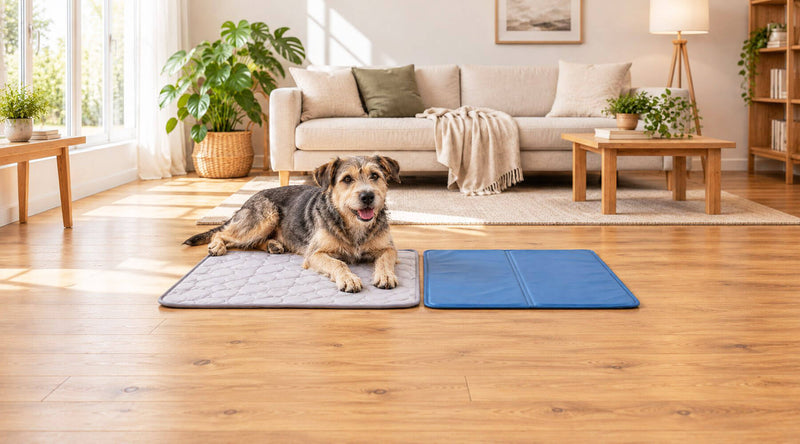 Mischlingshund liegt im Wohnzimmer auf einer grauen Kühlmatte ohne Gel, daneben eine blaue Gel-Kühlmatte zum Vergleich