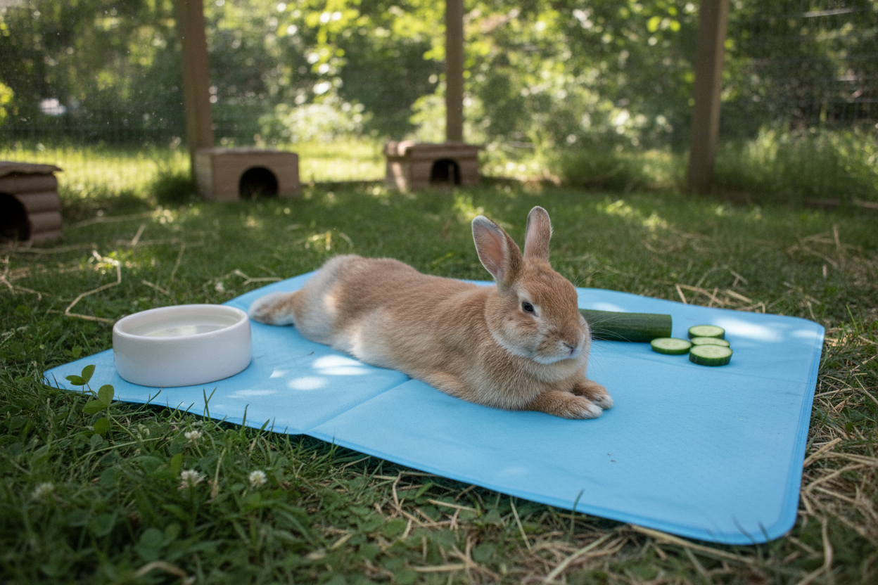 Kaninchen entspannt auf kühlmatte für kaninchen im Garten mit Wasser und frischem Gemüse