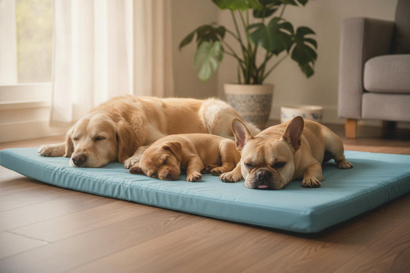 Drei Hunde entspannen im Sommer auf einer Kühlmatte Hund für angenehme Abkühlung im Wohnzimmer