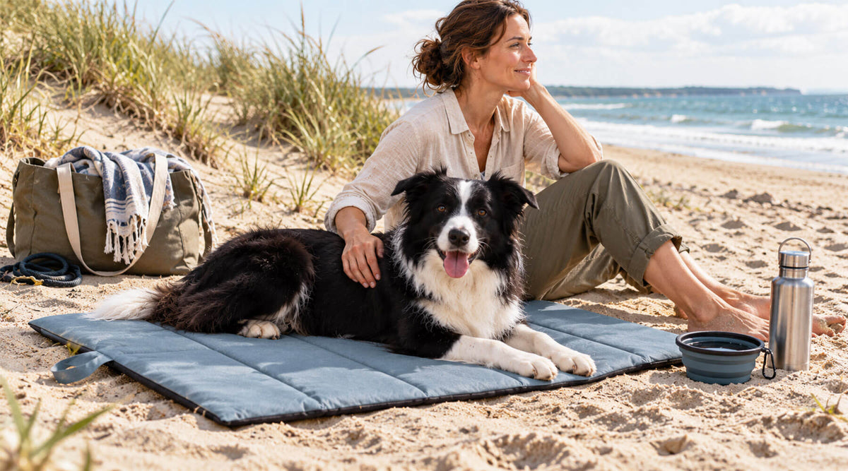 Border Collie liegt am Strand auf einer blaugrauen Outdoor-Hundematte, daneben eine Frau mit Strandtasche und Wassernapf