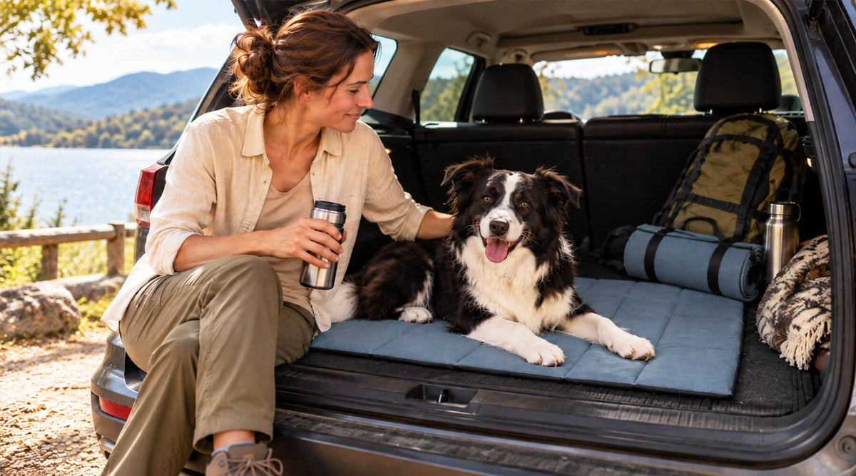 Mit Hund im Auto reisen: Border Collie liegt bei einer Pause auf einer Hundematte im offenen Kofferraum, seine Halterin sitzt daneben