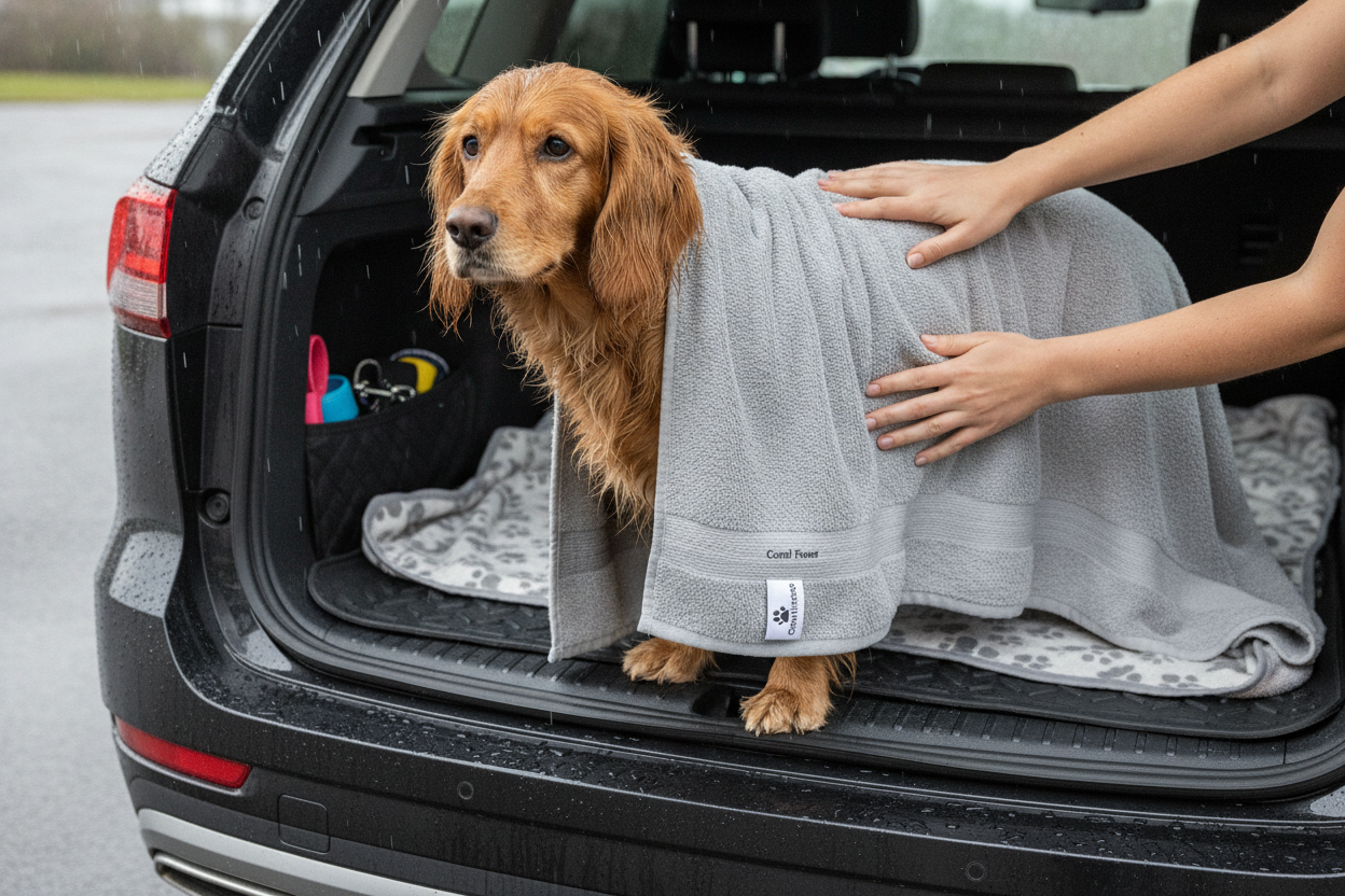 Nasses Haustier wird mit einem Hundehandtuch Coral Fleece nach dem Spaziergang im Auto abgetrocknet