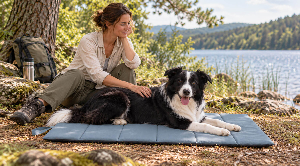 Border Collie liegt auf einer blauen, gesteppten Outdoor-Hundematte am Seeufer, daneben sitzt seine Halterin mit Wanderrucksack