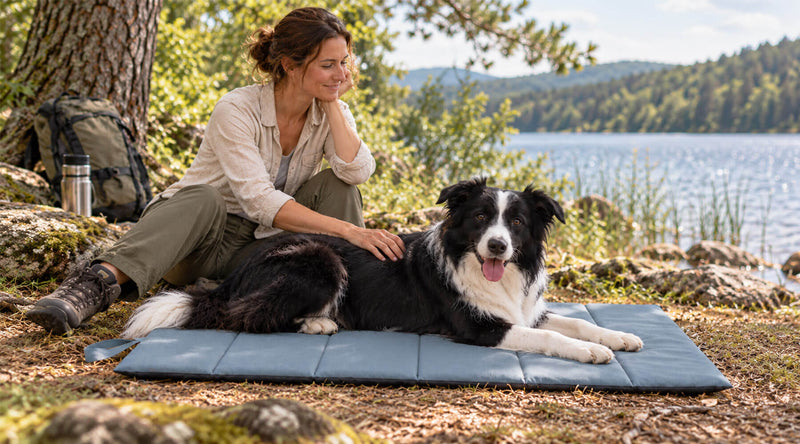Border Collie liegt auf einer blauen, gesteppten Outdoor-Hundematte am Seeufer, daneben sitzt seine Halterin mit Wanderrucksack