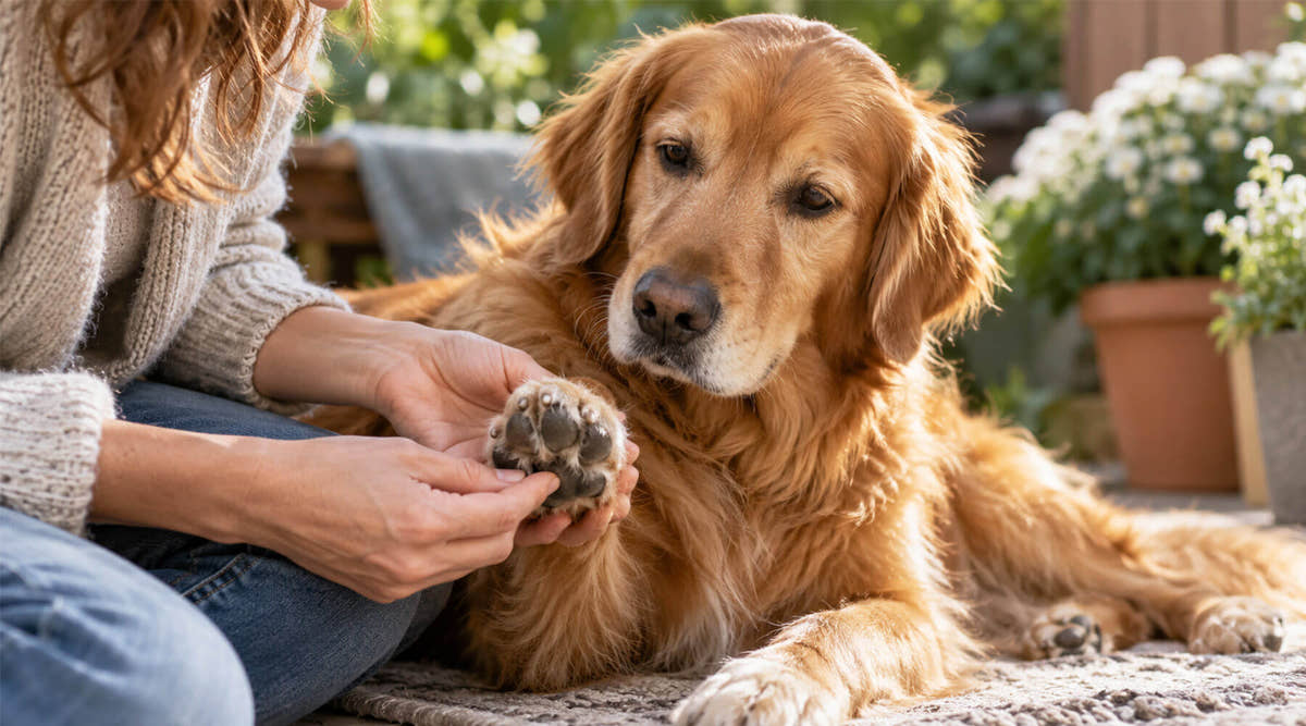 Frau hält die Pfote ihres Golden Retrievers in den Händen und kontrolliert Ballen und Krallen – Pfotenpflege beim Hund als Routine