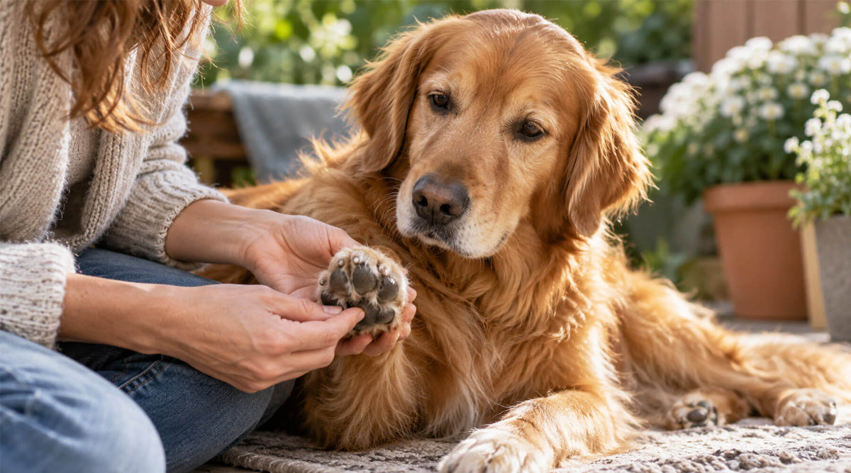 Frau hält die Pfote ihres Golden Retrievers in den Händen und kontrolliert Ballen und Krallen – Pfotenpflege beim Hund als Routine
