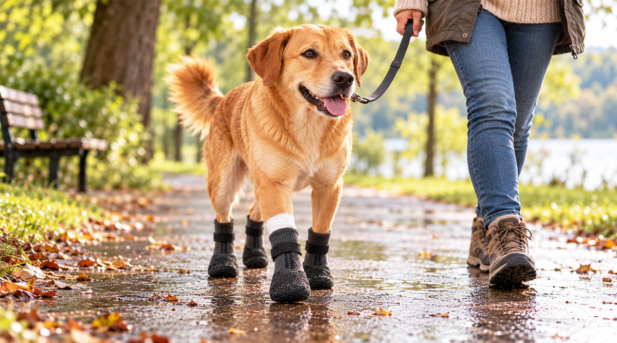 Hund mit Pfotenverband geht an der Leine Gassi über einen nassen Parkweg – der Verband an der Pfote sitzt unter einem Hundeschuh