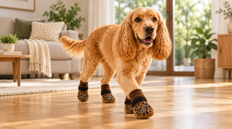 Cocker Spaniel läuft mit rutschfesten Hundesocken über glattes Parkett im Wohnzimmer