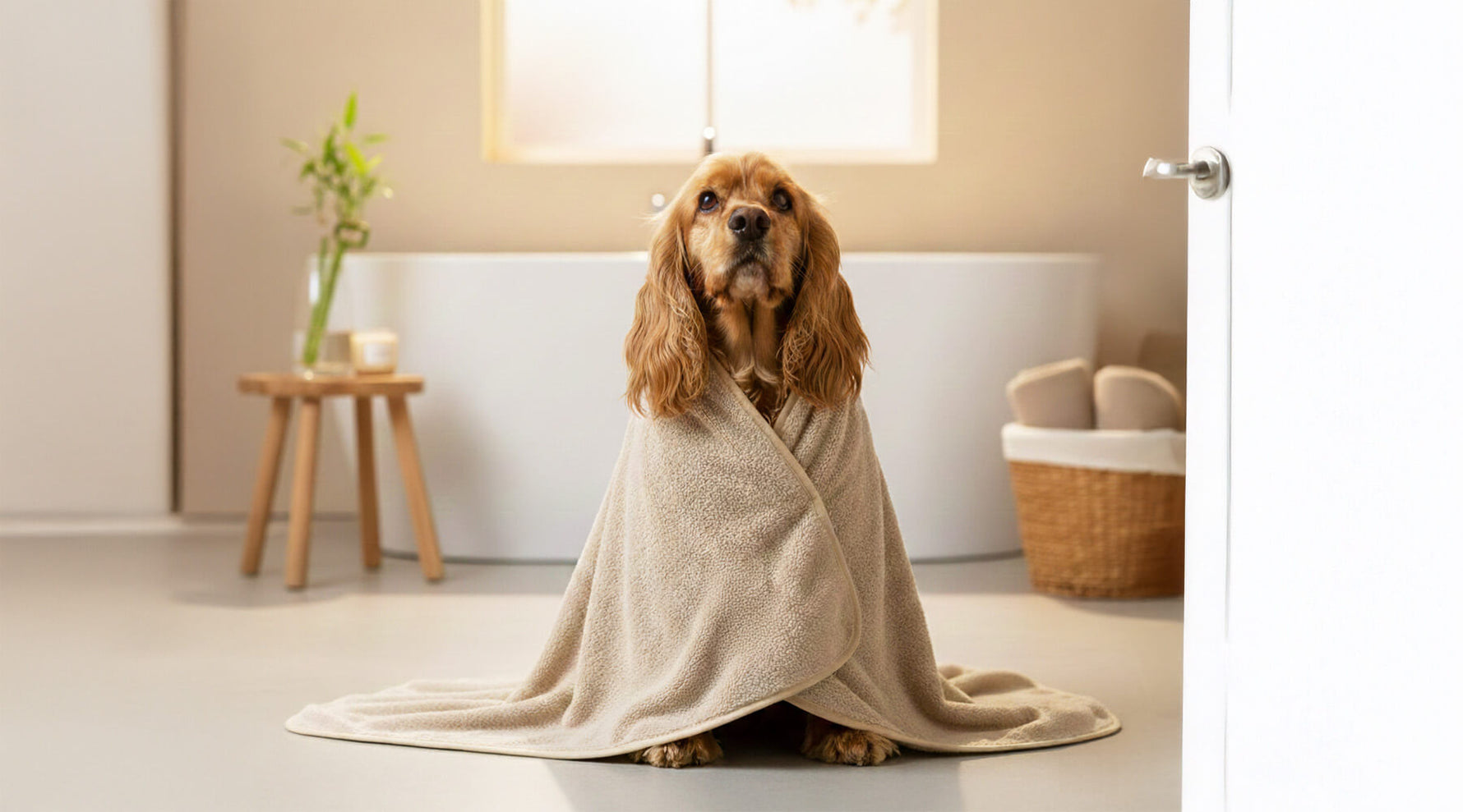 Ein Cocker Spaniel sitzt eingewickelt in ein saugstarkes, beigefarbenes Hundehandtuch aus Coral Fleece nach dem Baden in einem modernen Badezimmer.