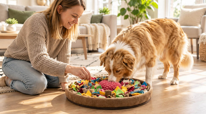 Frau versteckt Leckerlis in einem runden Schnüffelteppich, ihr Hund sucht mit der Nase zwischen den bunten Filzstreifen