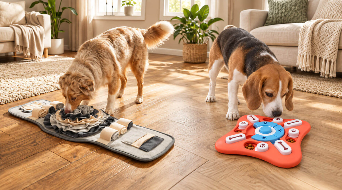 Zwei Hunde im Wohnzimmer: einer sucht Leckerlis im Schnüffelteppich, ein Beagle am Intelligenzspielzeug