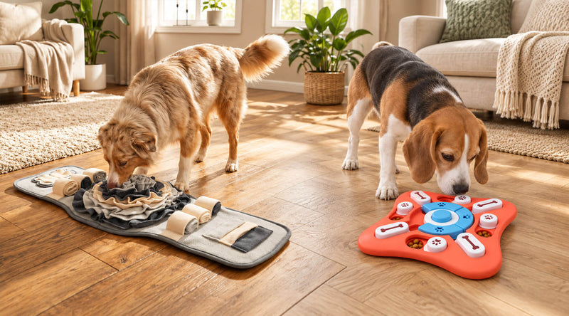 Zwei Hunde im Wohnzimmer: einer sucht Leckerlis im Schnüffelteppich, ein Beagle am Intelligenzspielzeug