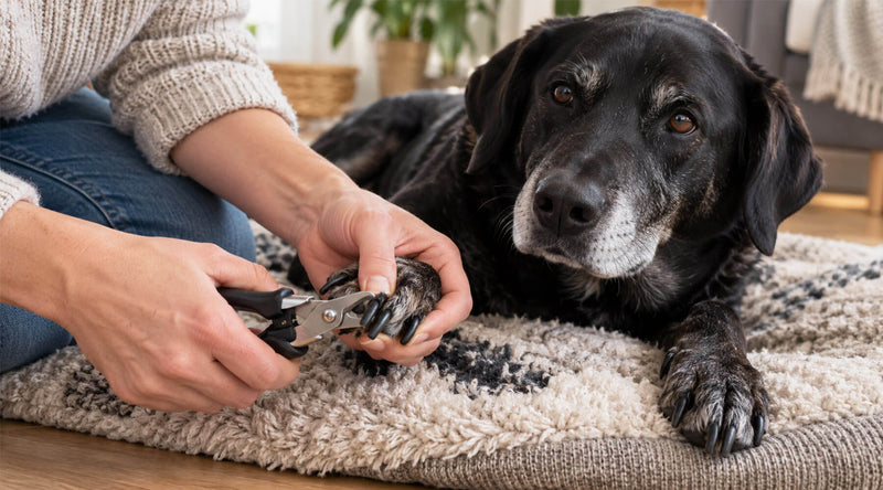Hände kürzen mit einer Krallenschere die schwarzen Krallen eines älteren schwarzen Labradors, der entspannt auf dem Teppich liegt