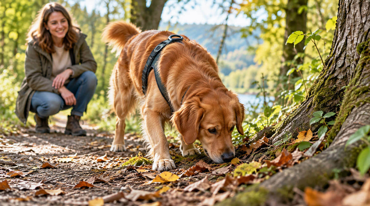 Golden Retriever schnüffelt beim Suchspiel auf einem herbstlichen Waldweg, seine Halterin schaut ihm lächelnd zu