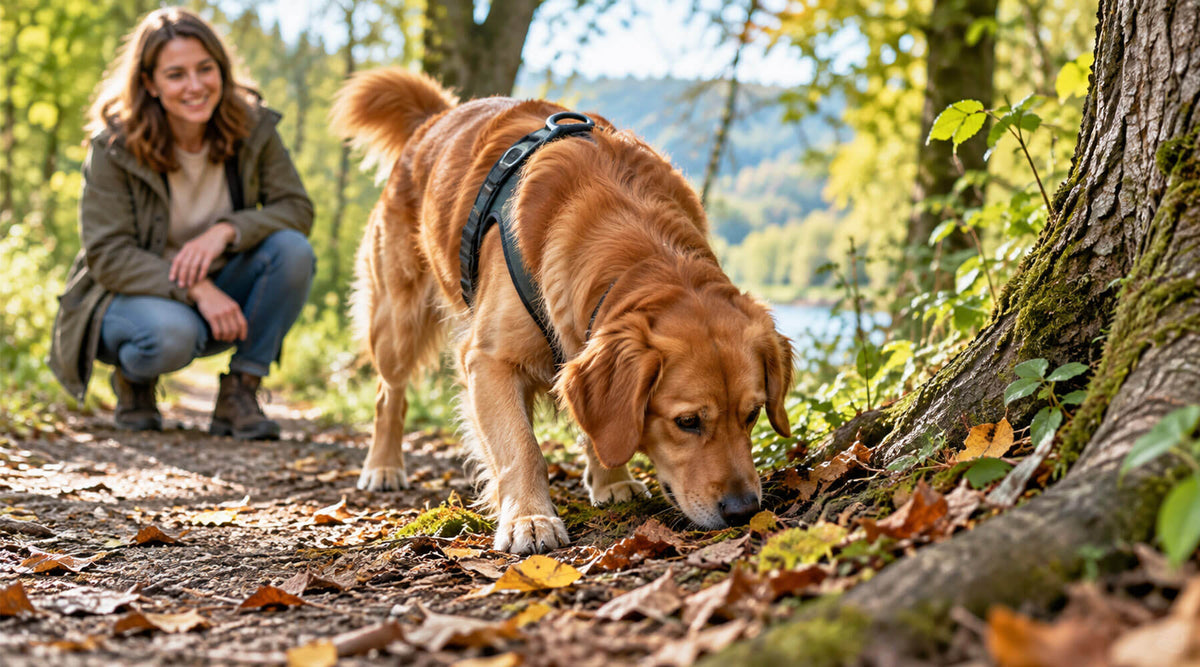 Golden Retriever schnüffelt beim Suchspiel auf einem herbstlichen Waldweg, seine Halterin schaut ihm lächelnd zu