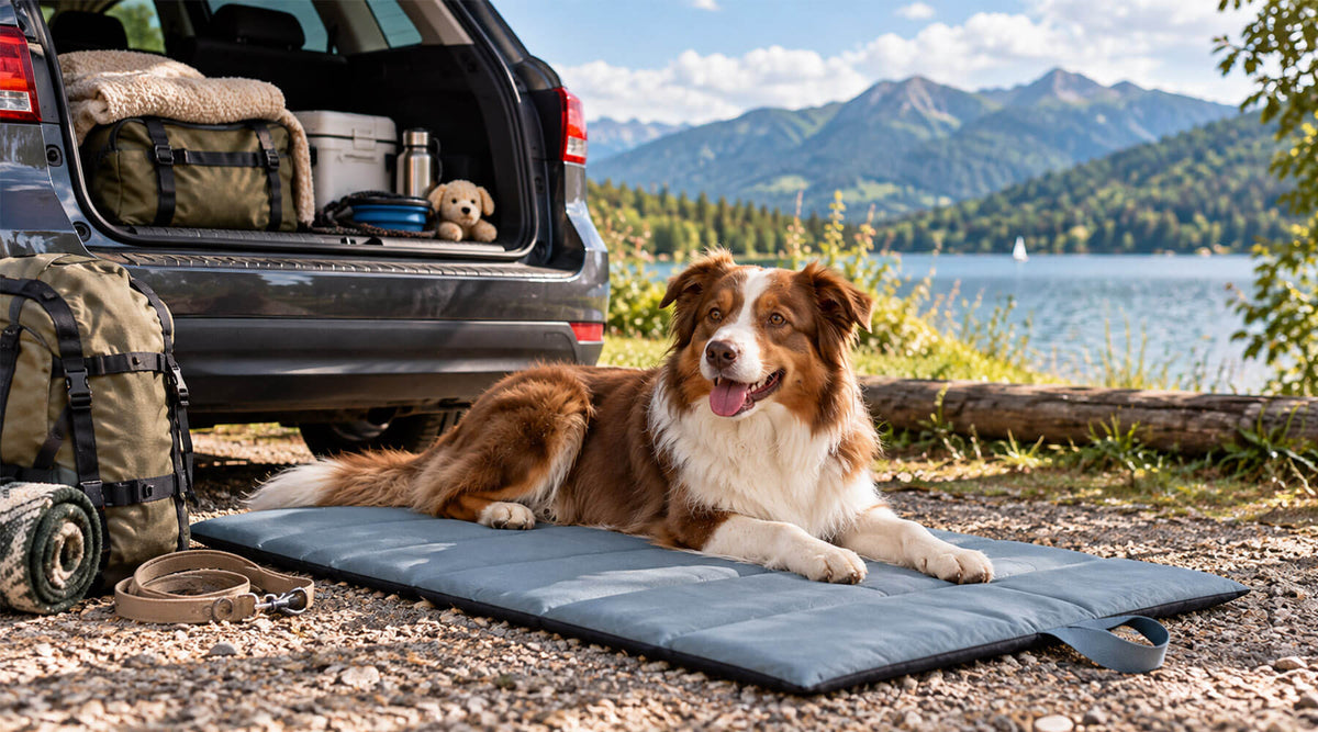 Australian Shepherd liegt auf einer Hundematte vor dem gepackten Kofferraum, im Hintergrund ein Bergsee