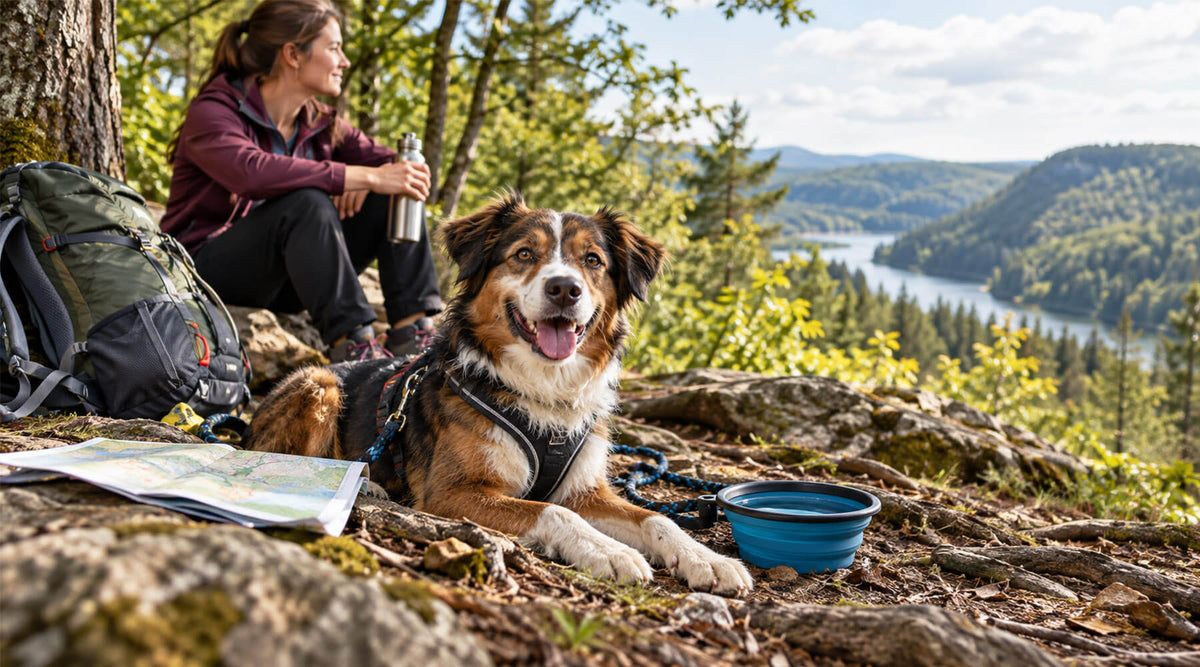 Wandern mit Hund: Hund im Geschirr liegt bei der Pause neben Faltnapf, Wanderkarte und Rucksack auf einem Felsen über einem See