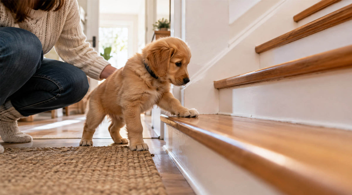 Golden-Retriever-Welpe setzt die Vorderpfote auf die unterste Treppenstufe, seine Halterin stützt ihn von hinten