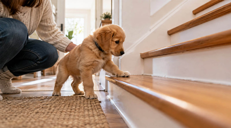 Golden-Retriever-Welpe setzt die Vorderpfote auf die unterste Treppenstufe, seine Halterin stützt ihn von hinten