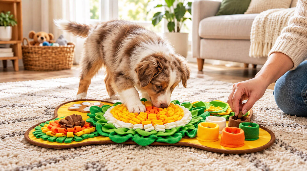 Australian-Shepherd-Welpe schnüffelt an einer bunten Schnüffeldecke in Knochenform, eine Hand versteckt Leckerlis