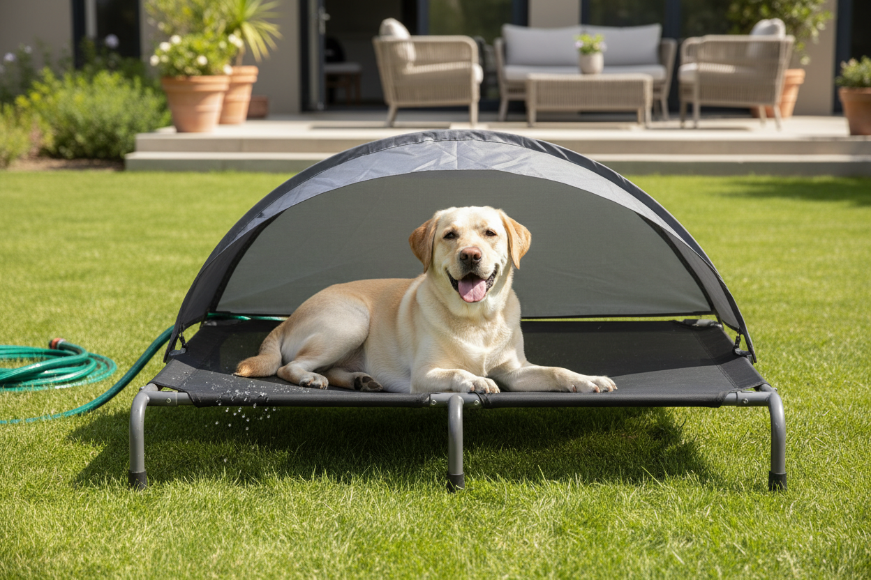 Glücklicher Hund entspannt auf wetterfester Outdoor Hundeliege mit Sonnenschutz im Garten