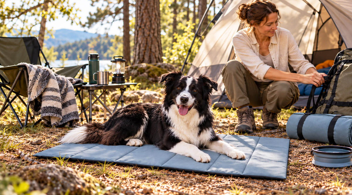 Zelten mit Hund: Border Collie liegt auf einer blaugrauen Outdoor-Hundematte vor dem Zelt, daneben eine gerollte Matte und ein Faltnapf