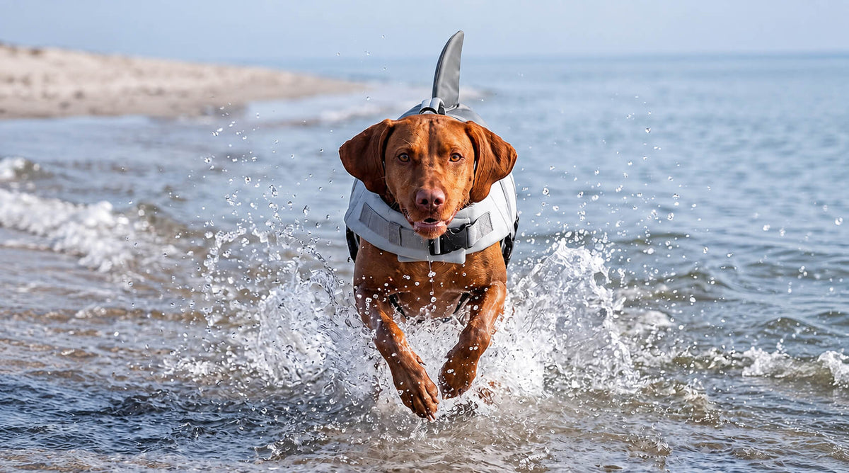 Vizsla in grauer Schwimmweste für Hunde mit Haifischflosse rennt am Strand durchs flache Wasser