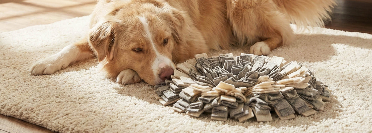 Hund liegt entspannt neben einem Schnüffelteppich