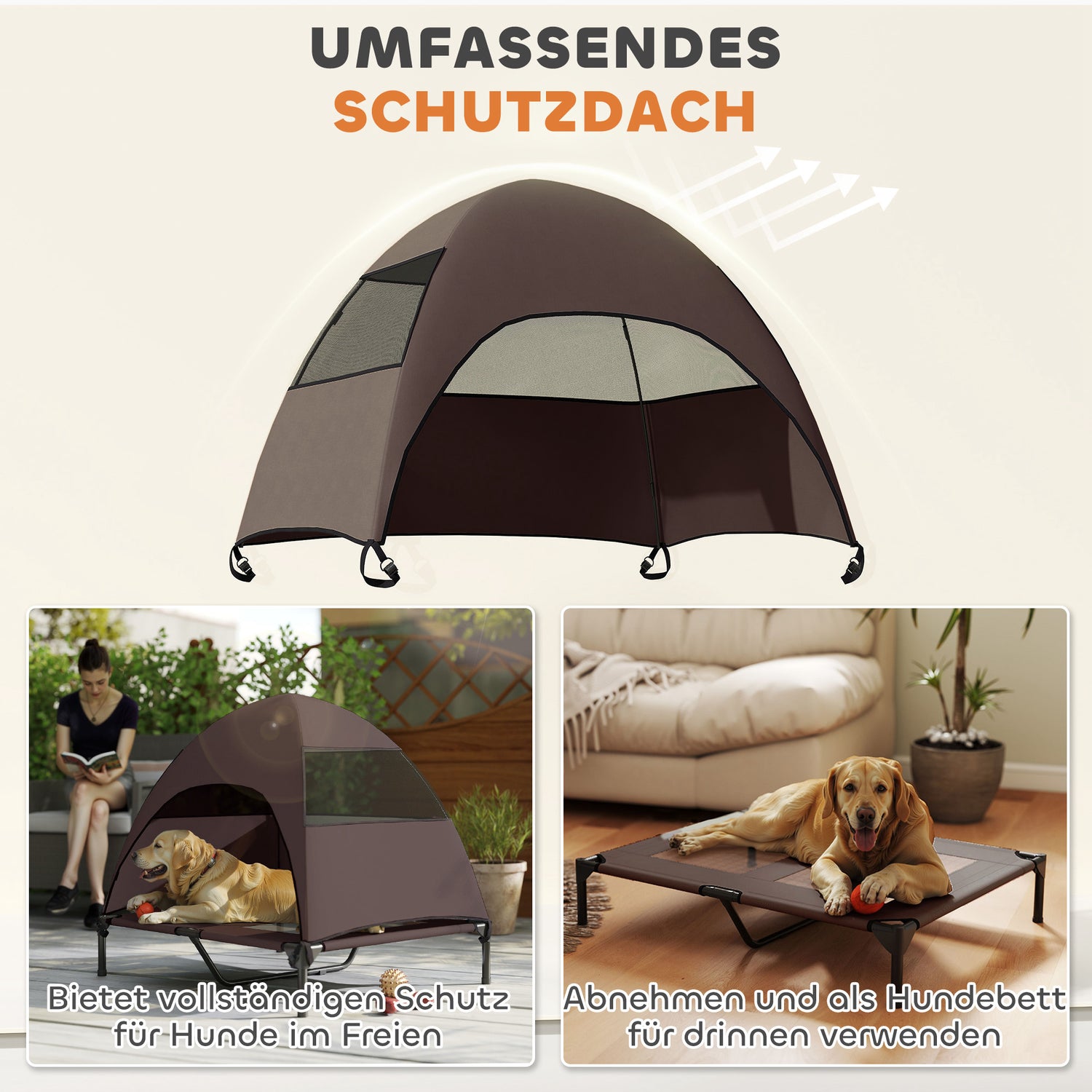 Outdoor Hundeliege „Shade“ – Erhöhtes Hundebett mit Dach für Garten & Terrasse