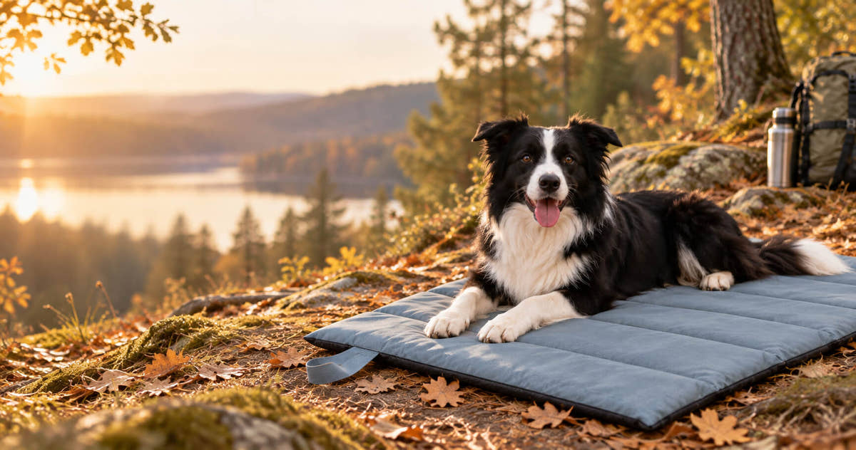 Border Collie liegt auf der Rastia Outdoor-Hundematte an einem herbstlichen Seeufer